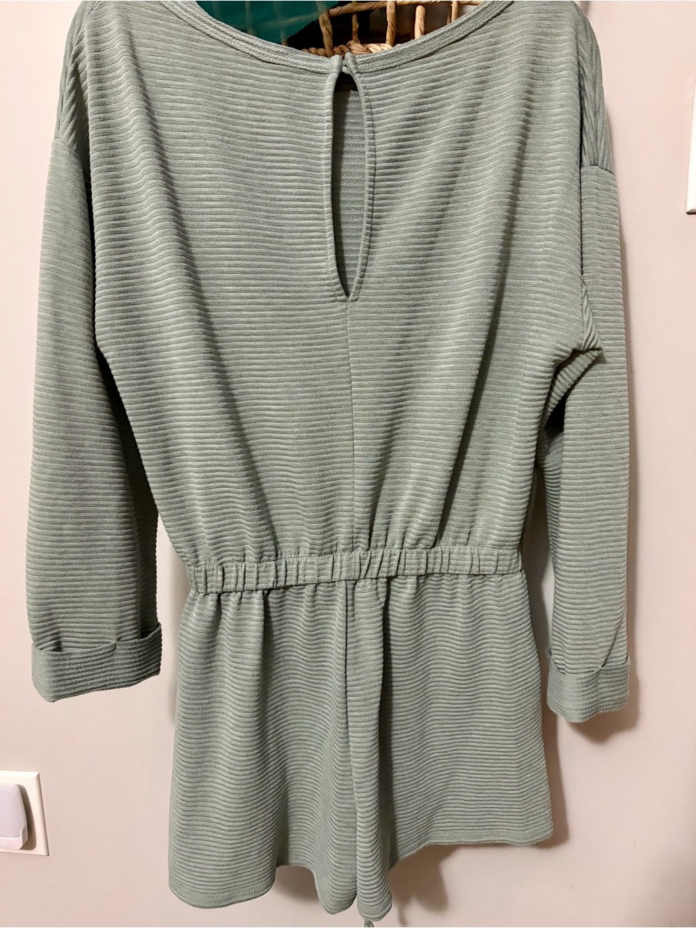 NWOT Heather Sage Ribbed Drawstring Romper - Picture 2 of 2